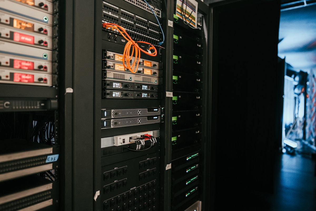 Data center corridor with server racks